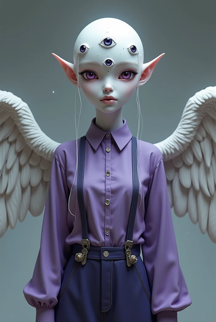 Create a full-body image of a angel woman with Create a full-body image of an angelic woman with white skin. Her head lacks a mouth, nose, and hair, featuring six eyes with purple pupils. Instead of ears, she has eyes. She is wearing a purple shirt with suspenders, and her fingertips have eyes on them. She also has a pair of wings.