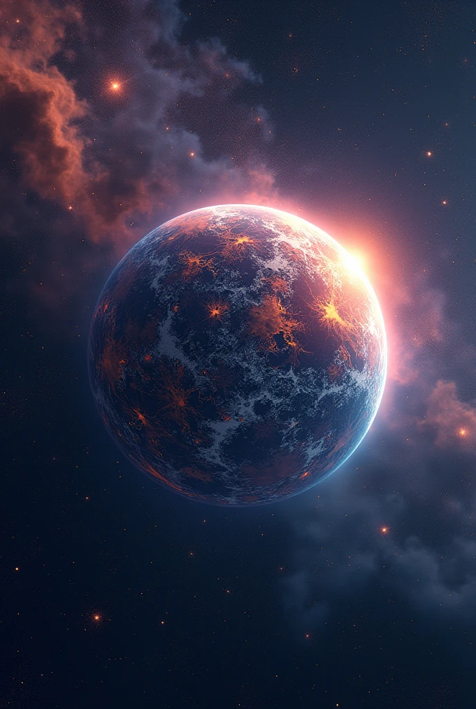 A shot of an alien planet out of its orbit. The planet is vibrant with intricate colors and texture including land and sea. Millions of stars and few planets and nebulas are scattered on the black space. Realistic, hyperrealism, high resolution, extreme quality, sharp details, 4k hdr