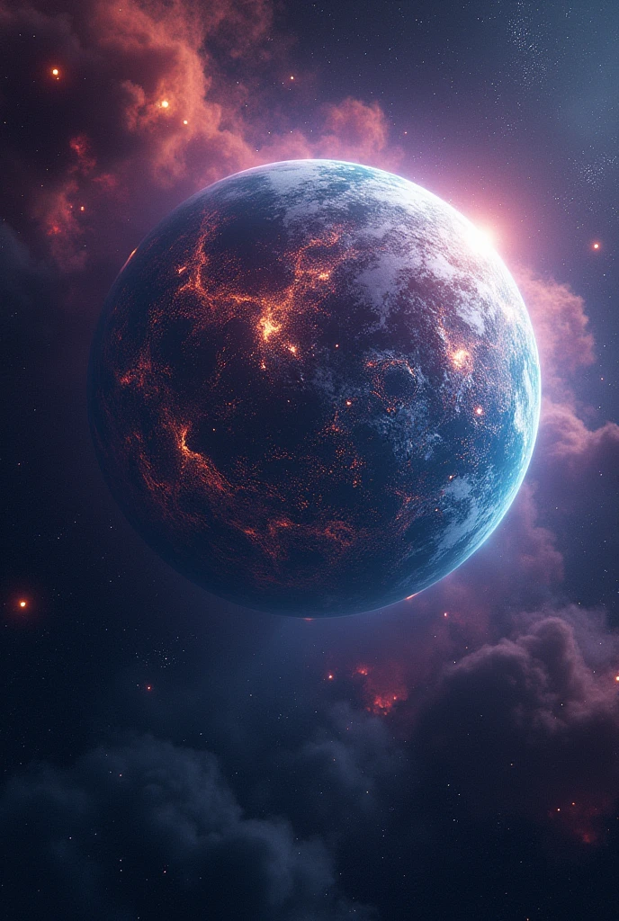 A shot of an alien planet out of its orbit. The planet is vibrant with intricate colors and texture including land and sea. Millions of stars and few planets and nebulas are scattered on the black space. Realistic, hyperrealism, high resolution, extreme quality, sharp details, 4k hdr