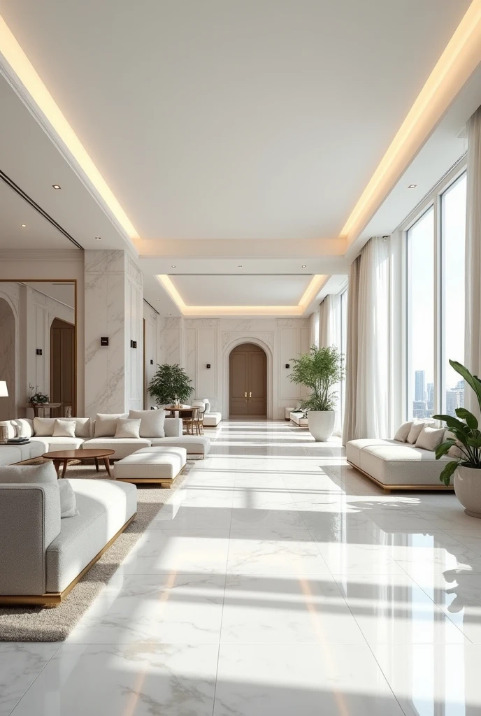 generates a millionaire living room, wide with white marble, White light