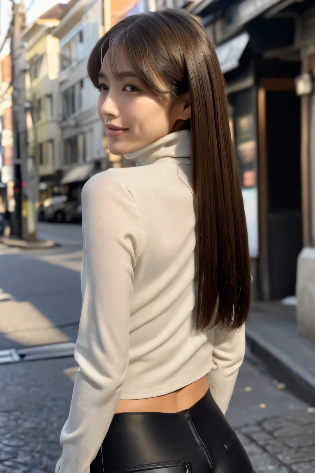 ((top-quality, in 8K, masterpiece:1.3)), Beautiful Japanese woman, perfect body:1.4, Slim abs:1.2, ((Straight hair:1.2)), (turtle neck:1.1), (a street:1.2), wetbody:1.5, Three-dimensional texture, A detailed eye, Brown hair, very thin waist, posterior view, looking back to the viewers