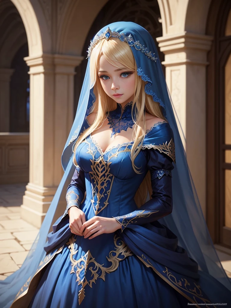 Wearing a blue dress and a veil、Blonde woman with a veil on her head, Beautiful fantasy maiden, Detailed fantasy art, Beautiful fantasy art, Blonde Princess, Art Station pixiv's artgerm, Beautiful maiden, ((Beautiful Fantasy Empress)), 2. 5d cgi anime fantasy artwork, Fantasy art style, Detailed digital anime art, Fantasy Art