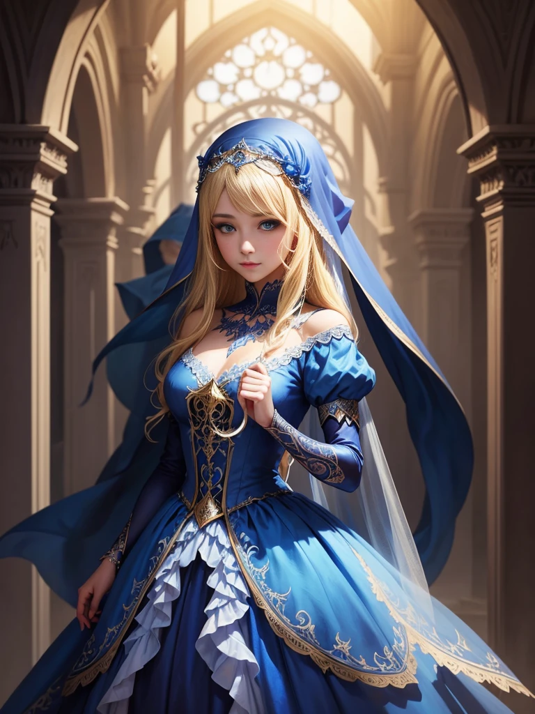 Wearing a blue dress and a veil、Blonde woman with a veil on her head, Beautiful fantasy maiden, Detailed fantasy art, Beautiful fantasy art, Blonde Princess, Art Station pixiv&#39;s artgerm, Beautiful maiden, ((Beautiful Fantasy Empress)), 2. 5d cgi anime fantasy artwork, Fantasy art style, Detailed digital anime art, Fantasy Art