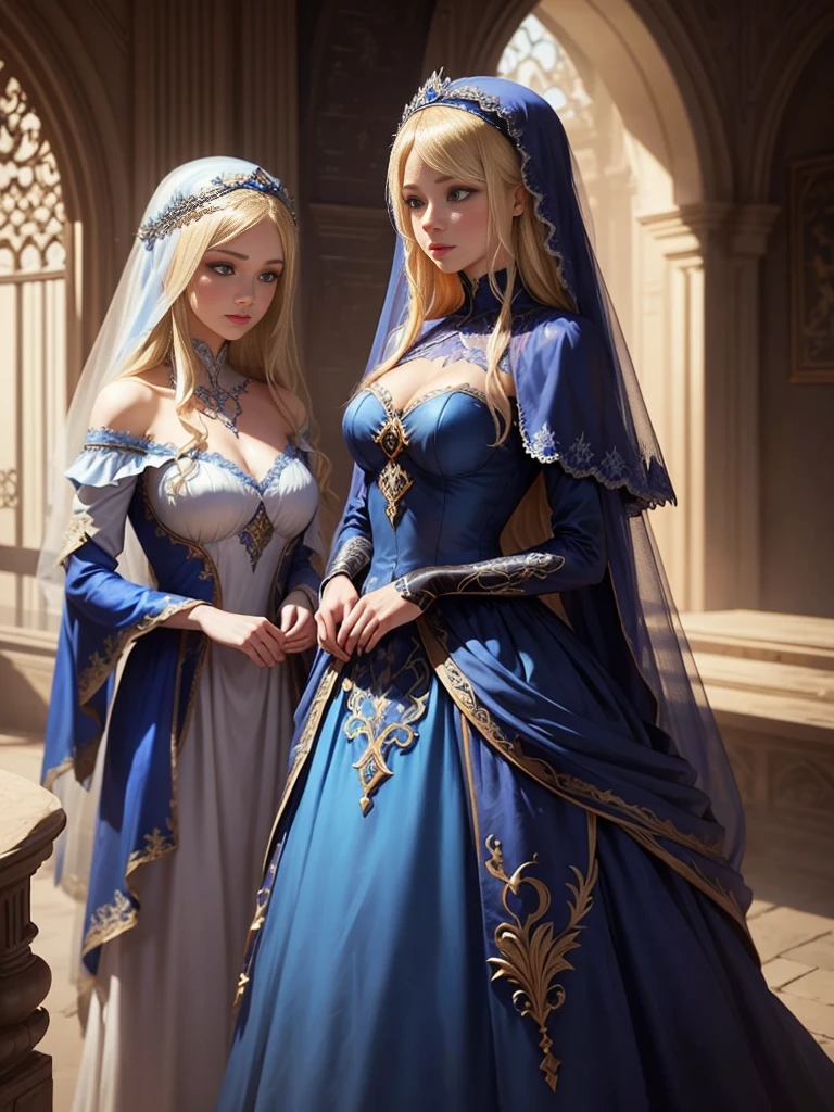 Wearing a blue dress and a veil、Blonde woman with a veil on her head, Beautiful fantasy maiden, Detailed fantasy art, Beautiful fantasy art, Blonde Princess, Art Station pixiv&#39;s artgerm, Beautiful maiden, ((Beautiful Fantasy Empress)), 2. 5d cgi anime fantasy artwork, Fantasy art style, Detailed digital anime art, Fantasy Art