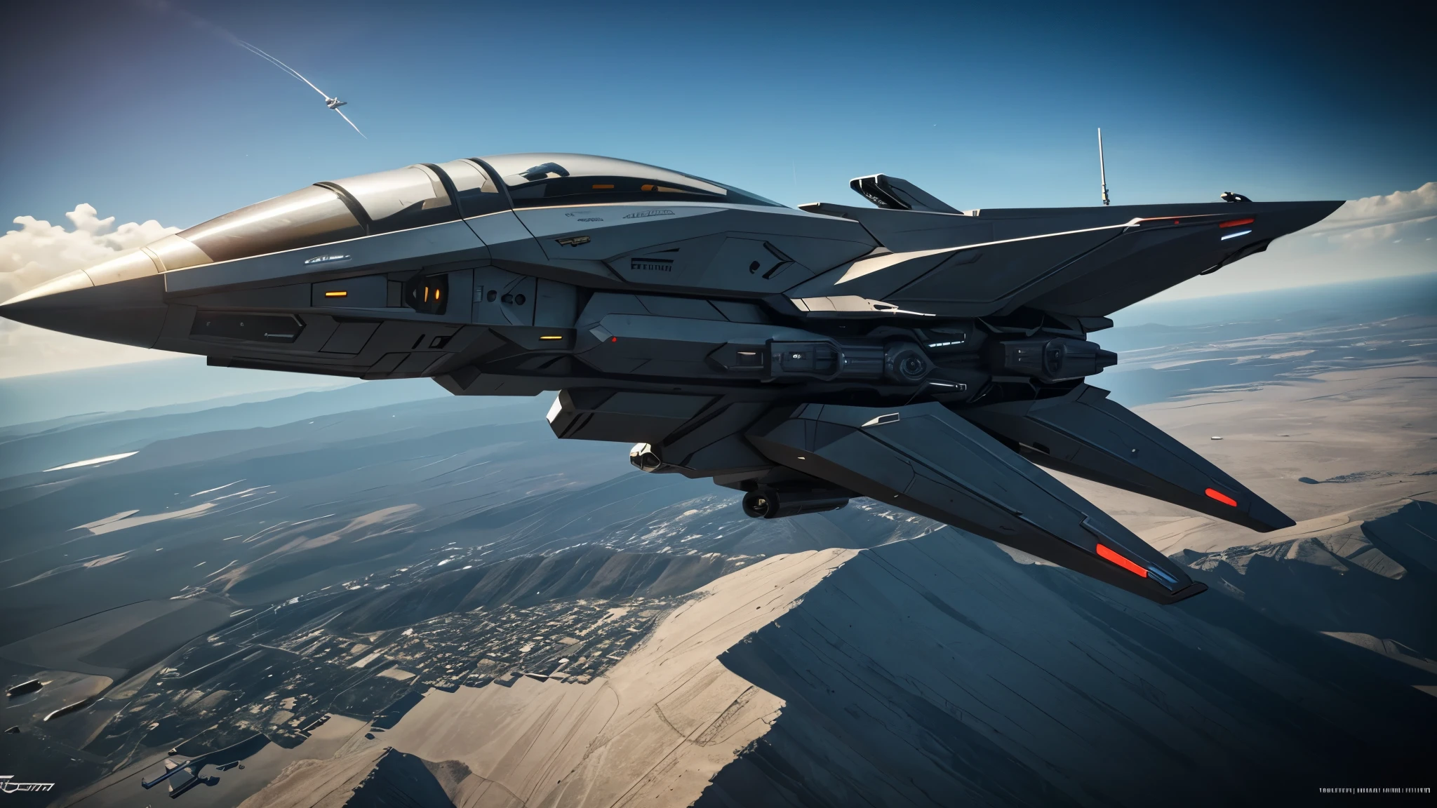 scifi, hightech space torpedo fregatte, stealth look, realistic size, realistic proportions, realistic cockpit, 2 wings, small gear, high equipted guns, star citizen, starfield, hightech, hard-surface design, daylight, ambient light, realistic view, on the ground, wide angle,