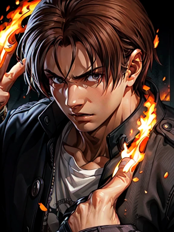 Masterpiece, highest quality, ultra realistic, intricate details, 8k, 4k, professional illustration of kyo kusanagi,, (perfect hands), serious look|expression, fire vortex