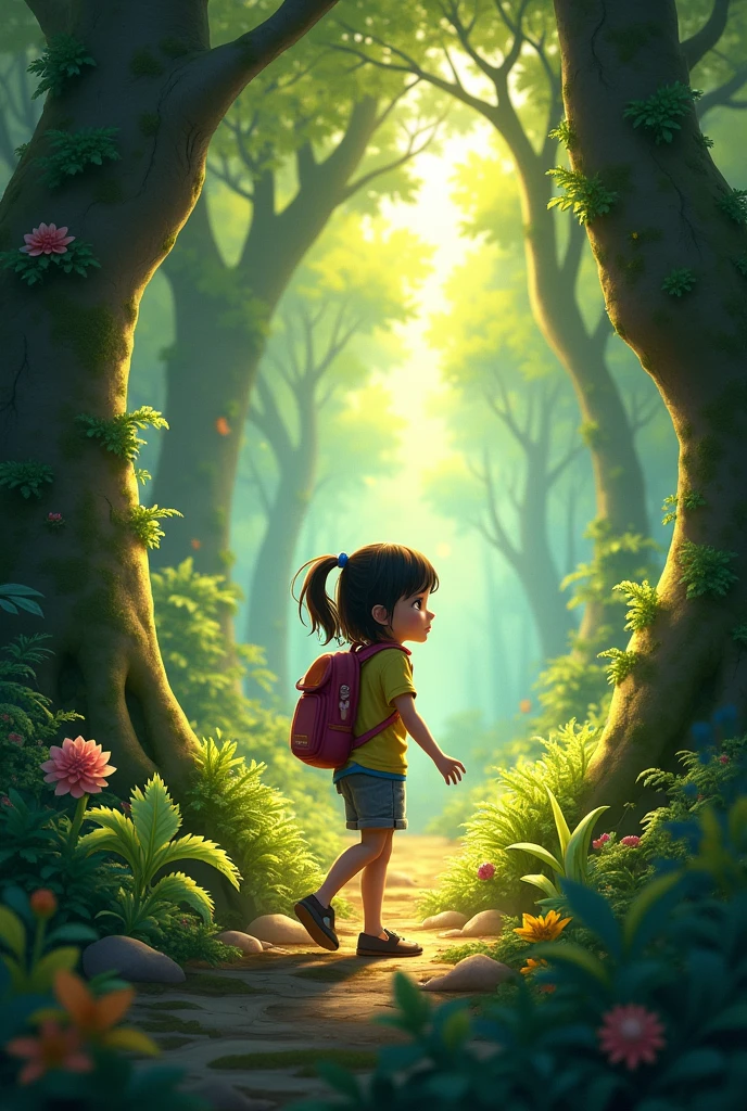 Hello, I would like to create a young girl exploring the forest and with a theme that says "the transmission of legacy and commitment to nature."
