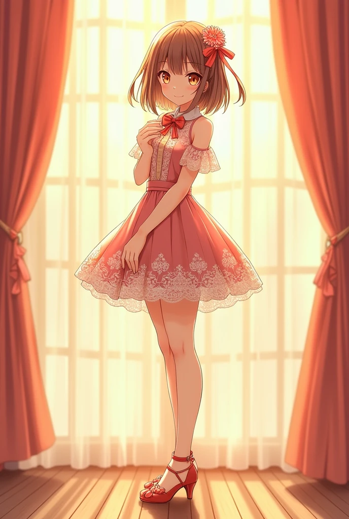 Ultra high quality，High heel，Short skirt，Smile，Sunlight，Lace dress，Wear flowers on your head，School Belle，charming，Ribbon，Show full body