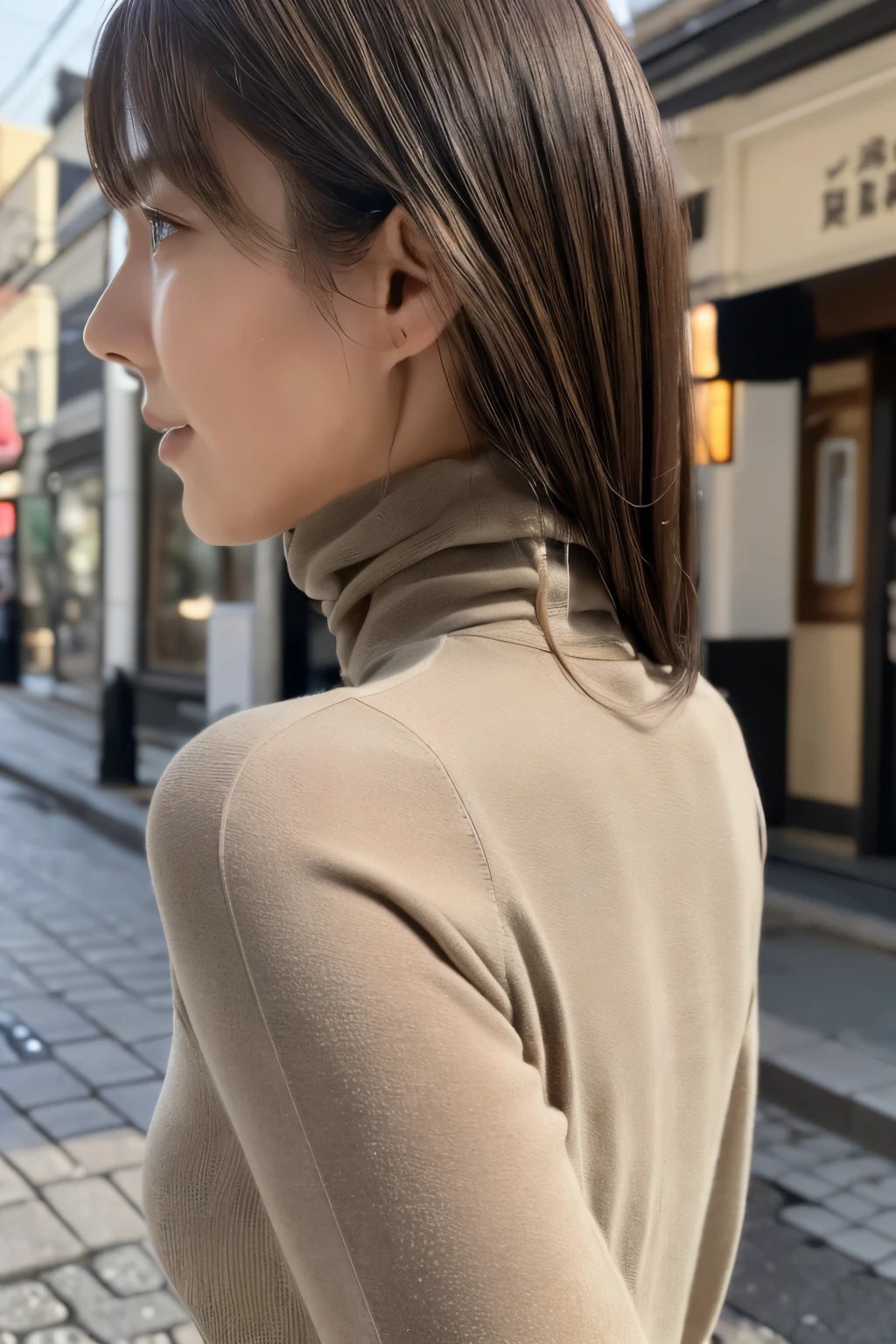 ((top-quality, in 8K, masterpiece:1.3)), Beautiful Japanese woman, perfect body:1.4, Slim abs:1.2, ((Straight hair:1.2)), (turtle neck:1.1), (a street:1.2), wetbody:1.5, Three-dimensional texture, A detailed eye, Brown hair, very thin waist, posterior view, looking back to the viewers