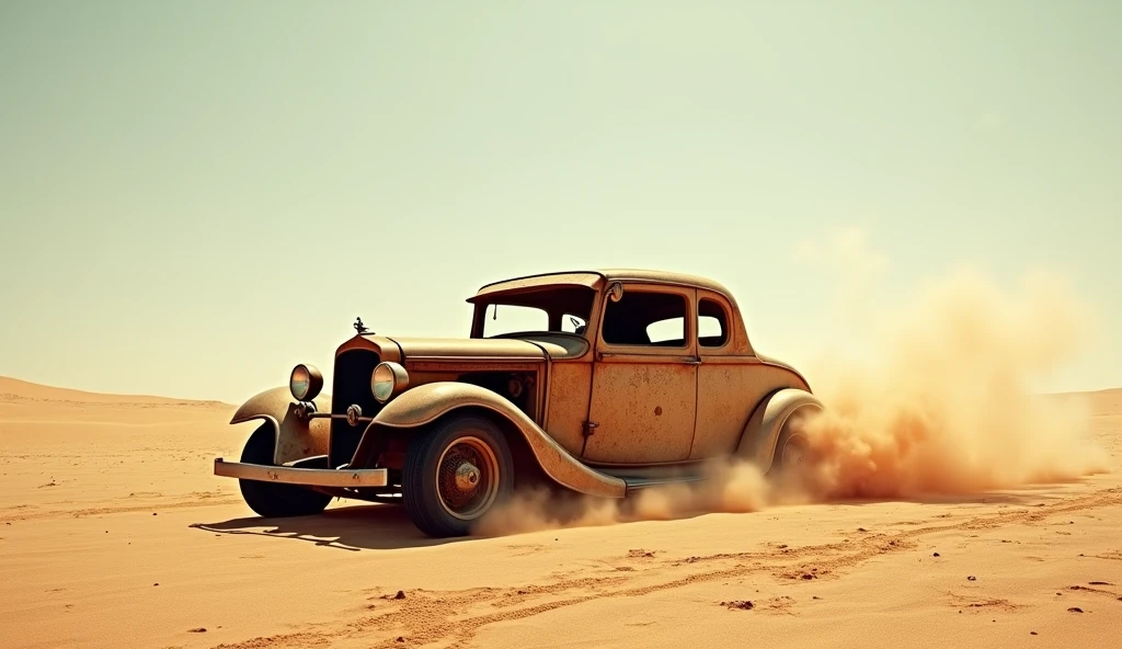 A rusty car in the middle of the desert in the scorching sun near a sandstorm
