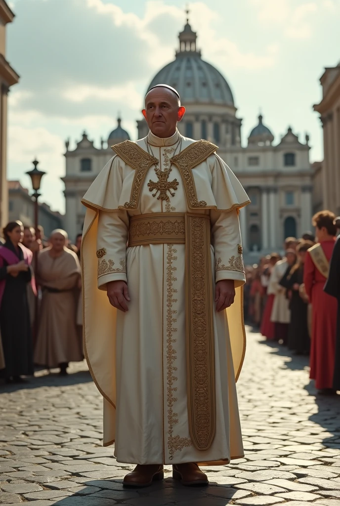 Scene set in St. Peter's Square in the Vatican. The focal point of this image is the brown laceless boots the Pope is wearing. White robes and highly ornate attire with papal insignia. The background is St. Peter's Square in the Vatican filled with people. The scene captures the moment of religious significance and the historical and artistic richness of St. Peter's Square. Ultra-realistic photo, 16k, ultra high resolution, photorealistic, Ultra HD.