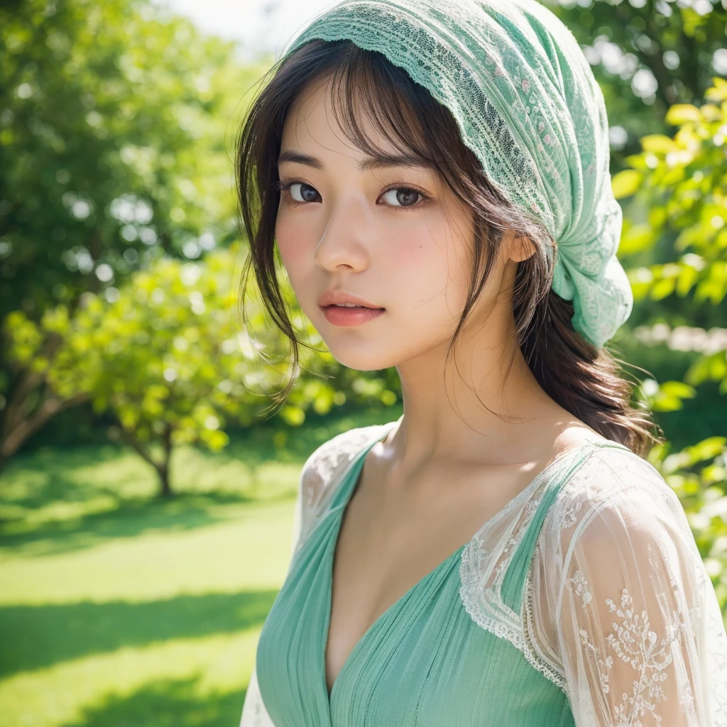 Generate an ultra-realistic image of a young woman with natural beauty, wearing a traditional headscarf, and standing in a picturesque outdoor setting. The background should depict a serene and vibrant location, such as a lush green park, a blooming garden, or a calm lakeside with natural lighting. The headscarf should have delicate lacework in colors like white or teal. The image should capture fine details like the texture of her skin, the subtle folds in the fabric, and how the natural light interacts with her surroundings. The overall mood should be peaceful and lifelike, with the background enhancing the natural beauty of the scene.