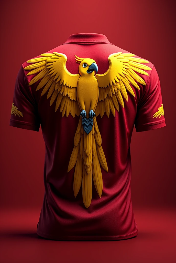 Dark red team shirt with a golden macaw on the back