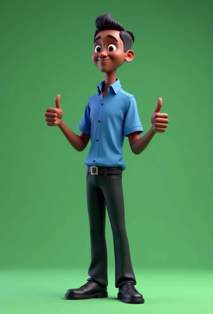Cartoon character of a slender man of 60 years old full body defined contours dark skin small black hair, blue shirt, black pants black shoes, an animated character, stylized character, animation style rendering, 3d stylized, Arnold Maya rendering, Stylized 3D rendering, toon render screenshot, 3d character, 3d character, Stylized 3D rendering, 3D character rendering, cartoon character, character posing, (Pixar-style) (master part:1.2) (bokeh) (best qualityer) (skin detailed) (detailed texture) (8k) (Argilla) (cinematic lighting) (sharp focus，standing full body making a thumbs up sign with both hands green background without shadow chroma kay type