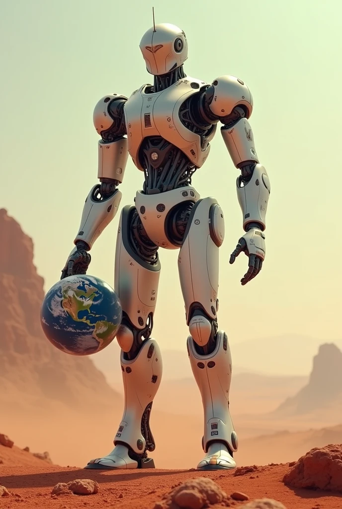 A stronger robot on side on Mars with pastel tone Standing holding planet earth with one hand