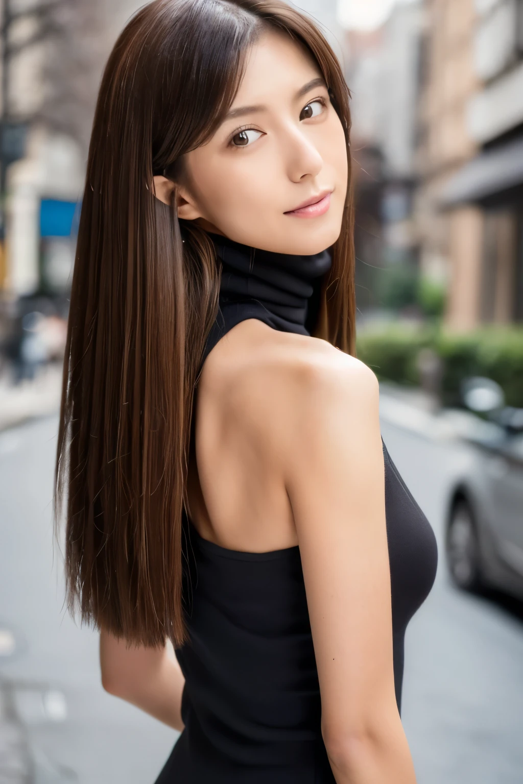 ((top-quality, in 8K, masterpiece:1.3)), Beautiful Japanese woman, perfect body:1.4, Slim abs:1.2, ((Straight hair:1.2)), (turtle neck:1.1), (a street:1.2), wetbody:1.5, Three-dimensional texture, A detailed eye, Brown hair, very thin waist, posterior view, looking back to the viewers