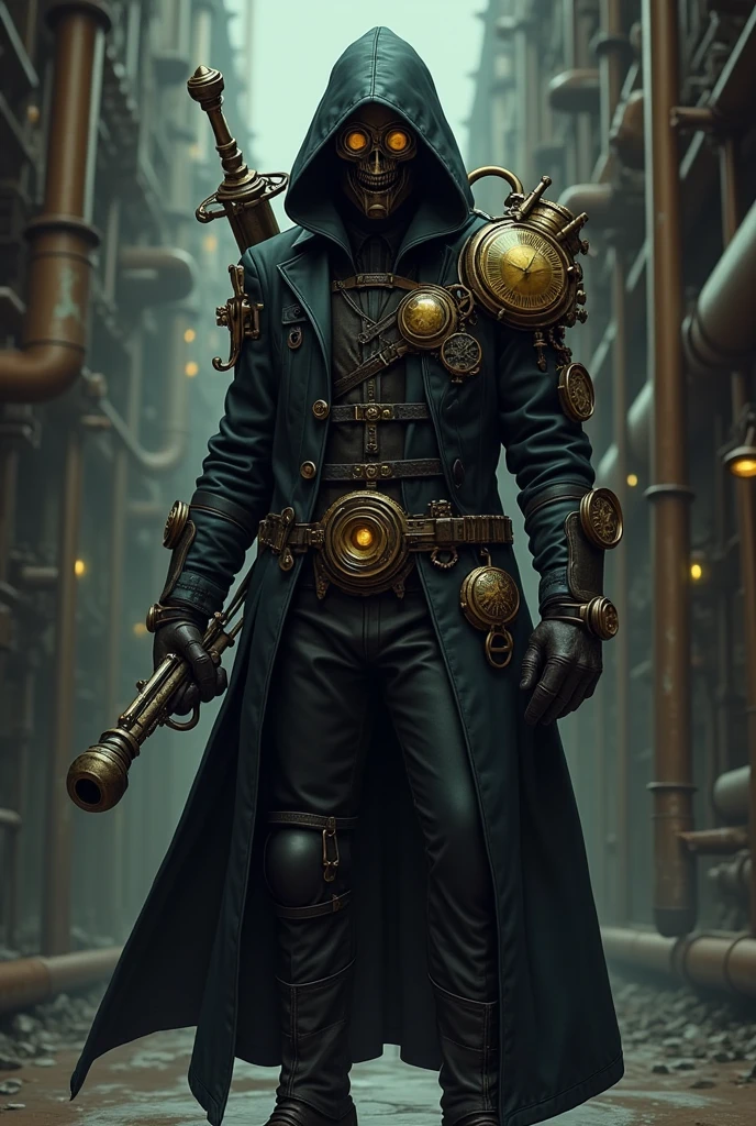 Make a steampunk character with a gas-powered gun loading tube 
 on the back, wearing a black plague doctor-style coat and mask and with a gas-powered technological weapon for a 2D platform game