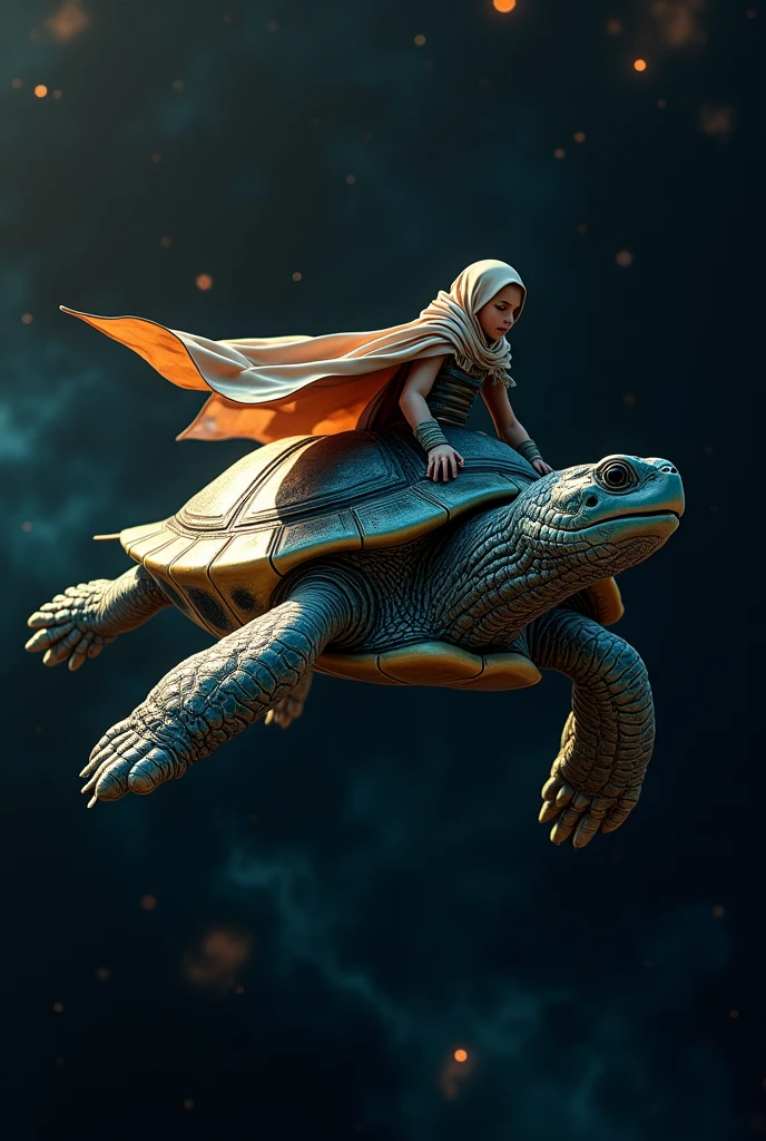 A close up of a flying turtle in space with a person riding it, with a cape