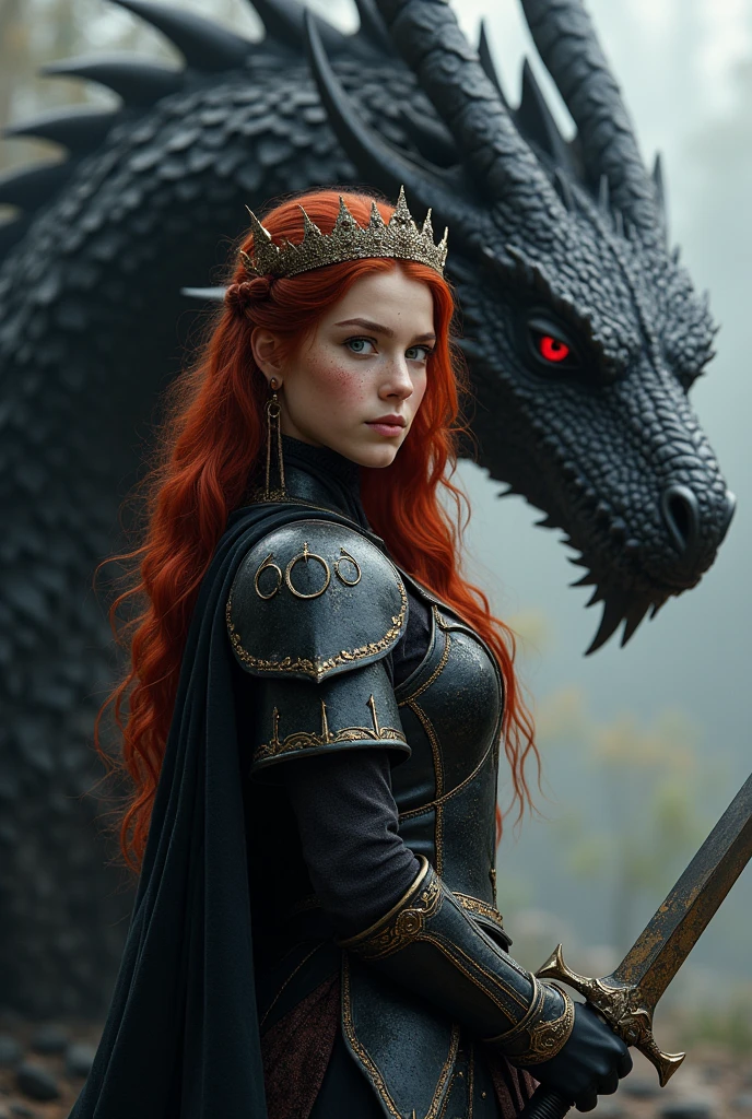 Create a girl with intense red hair, sky blue eyes and freckles, White skin wearing black armor and a sword in his right hand, She wears a crown&#39;a crown on her head and behind her goes a black dragon as a guardian