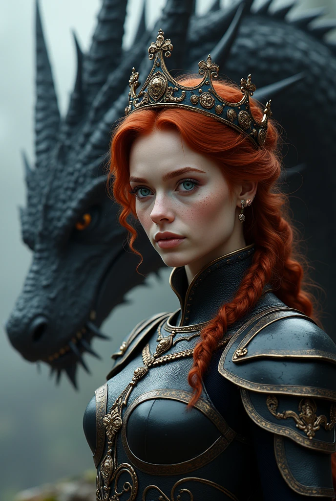 Create a girl with deep red hair, sky blue eyes and freckles, White skin wearing black armor and a sword in her right hand, she wears a queen's crown on her head and behind her goes a black dragon as a guardian
