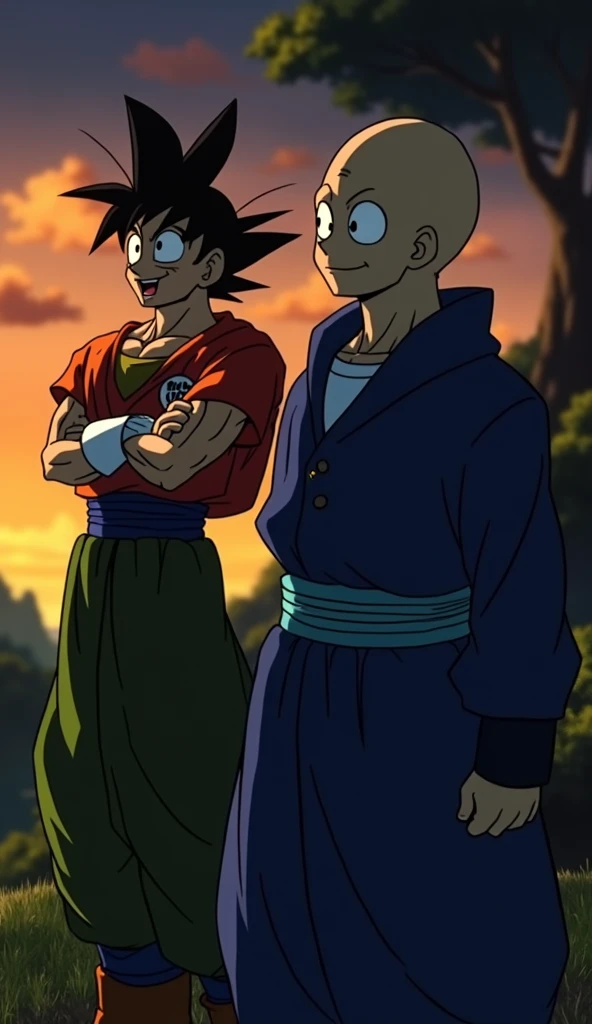 Bald Goku next to Kuririn with hair
