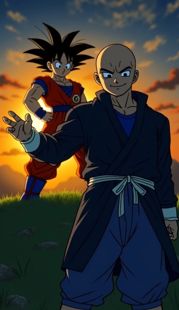 Bald Goku next to Kuririn with hair