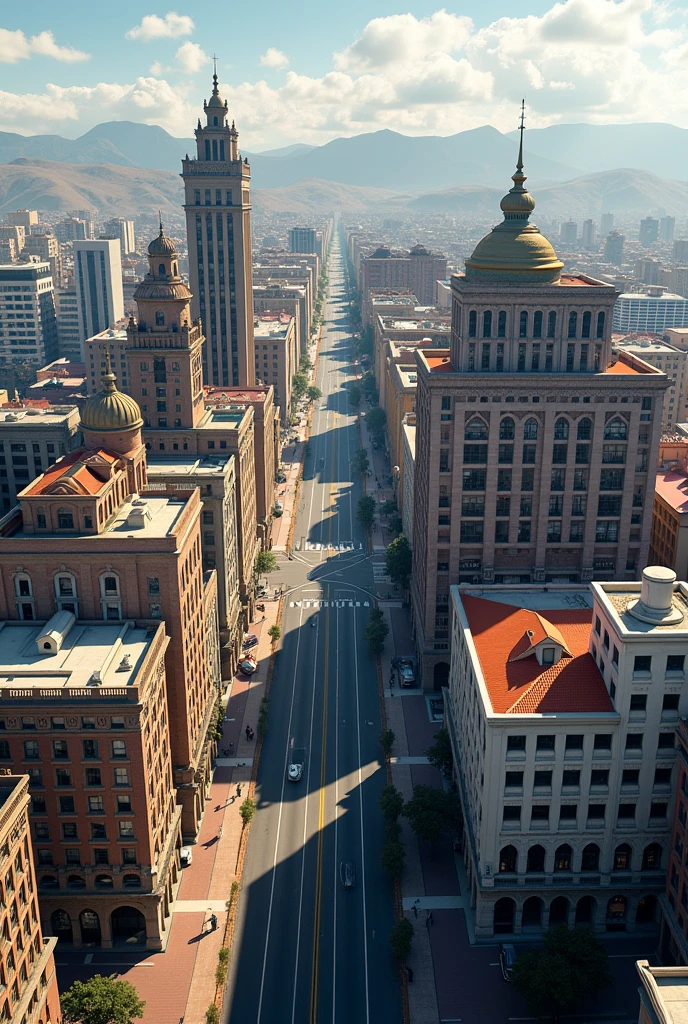 You have medium-sized residential and office buildings that are separated, with a different design each one of them on an avenue in the city of Arequipa. Have an aerial view 