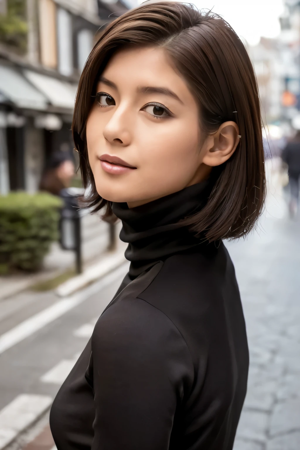 ((top-quality, in 8K, masterpiece:1.3)), Beautiful Japanese woman, perfect body:1.4, Slim abs:1.2, ((Straight hair:1.2)), (turtle neck:1.1), (a street:1.2), wetbody:1.5, Three-dimensional texture, A detailed eye, Brown hair, very thin waist, posterior view, looking back to the viewers