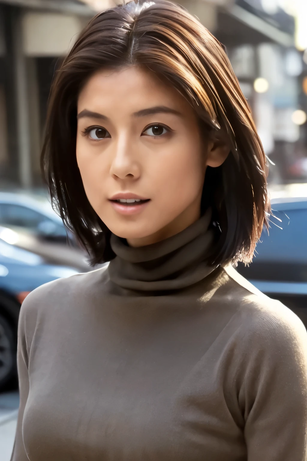 ((top-quality, in 8K, masterpiece:1.3)), Beautiful Japanese woman, perfect body:1.4, Slim abs:1.2, ((Straight hair:1.2)), (turtle neck:1.1), (a street:1.2), wetbody:1.5, Three-dimensional texture, A detailed eye, Brown hair, very thin waist, posterior view, looking back to the viewers