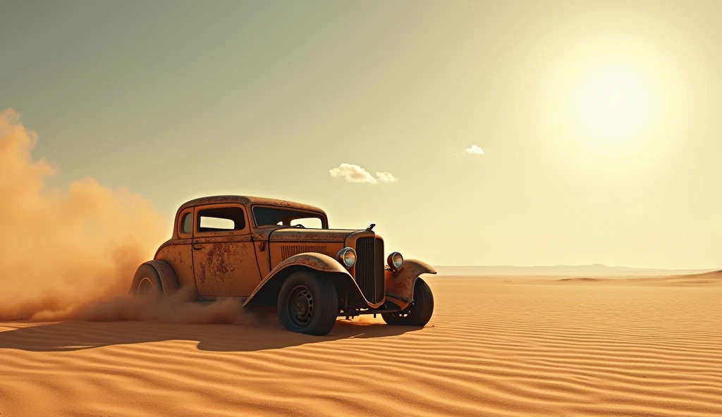 A rusty car in the middle of the desert in the scorching sun near a sandstorm