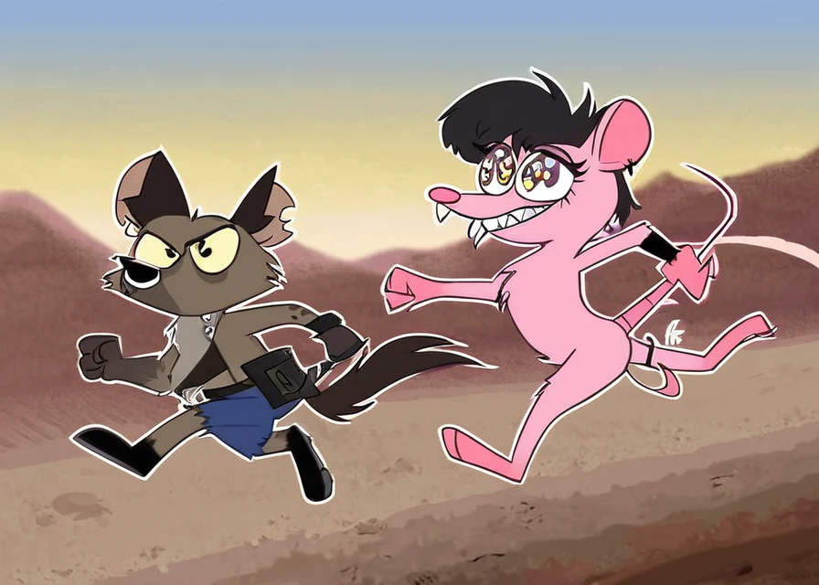 Aardvark Opossum, Circle Eye, Hyena Mouth, Pink Deerstalker, Pink Coat, Terror, holding Uzi Machinegun, Running, Desert, Style of MFKZ