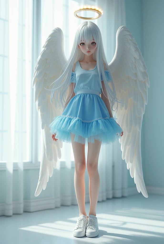 nswf Japanese, (One person, alone:1.3), Ultra-realistic, Realistic, sexy Angel, Overhead needle, Saint's Wing Halo, Long white hair, Silver Eyes, big , Squat, Full body image, Full Growth, Blue fluffy dress, Perfect Face, Detailed face, Detailed eyes, White shoes, (White Room Background), masterpiece, Obscene body, Hentai Body, ultra sexy body, ultra erotic, sexy, erotic, Obscene, Cute Face, High resolution, High resolutionr, Highest quality, Lots of details, Ultra Sharp, Super detailed, colorful, Fascinating eyes, Fascinating笑顔, Perfect Proportions, Glowing Skin, Fascinating視線, Feminine charm, Timeless beauty, Very detailed, Sharp focus, Soft lighting, Dreamy atmosphere, Rich color palette, Complementary Color, 8k resolution, Octane Rendering, Ray Tracing, High resolution, Realistic, masterpiece, Award-winning, Trending on Art Station, Global Illumination, Very detailed肌の質感, Fascinating, Fascinating, Unforgettable, (masterpiece), (Highest quality), (Very detailed), so beautiful, figure, Disheveled Hair, Perfect composition, Moisturized Skin, Intricate details, Concept Art, Digital Art, Descriptive, Picturesque, Matte Paint, Very detailed