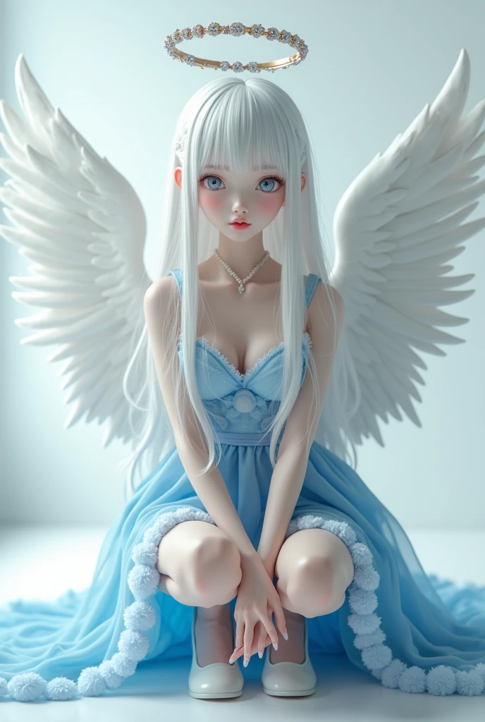 nswf Japanese, (One person, alone:1.3), Ultra-realistic, Realistic, sexy Angel, Overhead needle, Saint&#39;s Wing Halo, Long white hair, Silver Eyes, big , Squat, Full body image, Full Growth, Blue fluffy dress, Perfect Face, Detailed face, Detailed eyes, White shoes, (White Room Background), masterpiece,  Obscene body, Hentai Body, ultra sexy body, ultra erotic, sexy, erotic, Obscene,  Cute Face, High resolution, High resolutionr, Highest quality, Lots of details, Ultra Sharp, Super detailed, colorful, Fascinating eyes, Fascinating笑顔, Perfect Proportions, Glowing Skin, Fascinating視線, Feminine charm, Timeless beauty, Very detailed, Sharp focus, Soft lighting, Dreamy atmosphere, Rich color palette, Complementary Color, 8k resolution, Octane Rendering, Ray Tracing, High resolution, Realistic, masterpiece, Award-winning, Trending on Art Station, Global Illumination, Very detailed肌の質感, Fascinating, Fascinating, Unforgettable, (masterpiece), (Highest quality), (Very detailed), so beautiful, figure, Disheveled Hair, Perfect composition, Moisturized Skin, Intricate details, Concept Art, Digital Art, Descriptive, Picturesque, Matte Paint, Very detailed