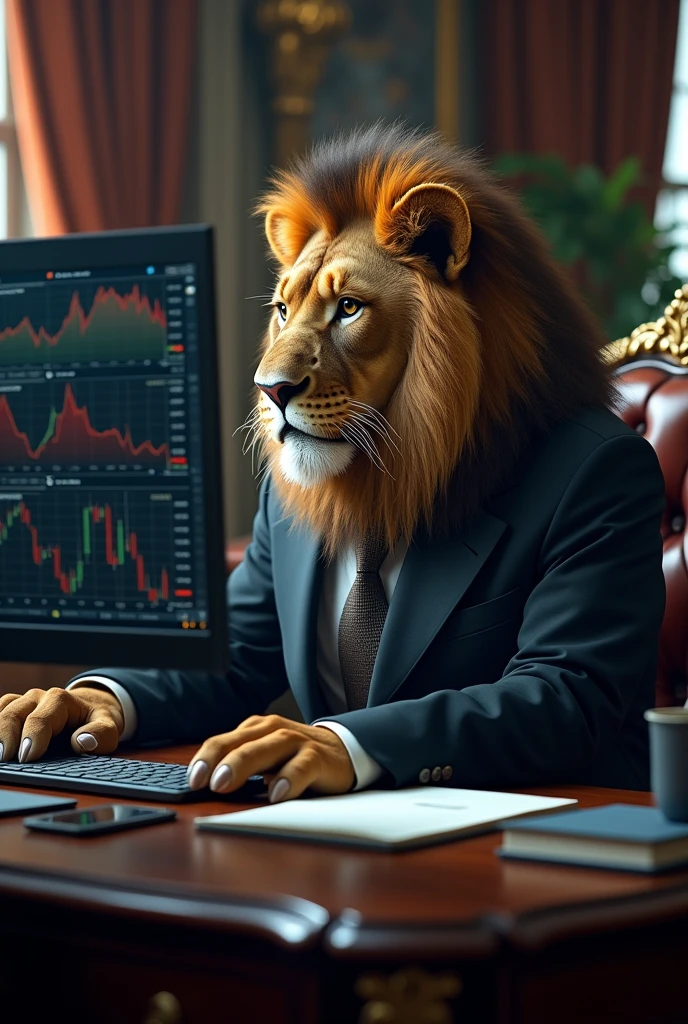 a majestic lion with a large mane sitting at a desk, wearing an elegant suit, analyzing stock market graphs on a large computer, (best quality,4k,8k,highres,masterpiece:1.2),ultra-detailed,(realistic,photorealistic,photo-realistic:1.37),detailed fur, detailed facial features, detailed paws, detailed suit, elegant pose, ornate desk, complex stock market graphs, modern computer setup, dramatic lighting, cinematic composition