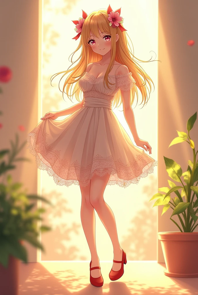 Ultra high quality，High heel，Short skirt，Smile，Sunlight，Lace dress，Wear flowers on your head，School Belle，charming，Ribbon，Show full body