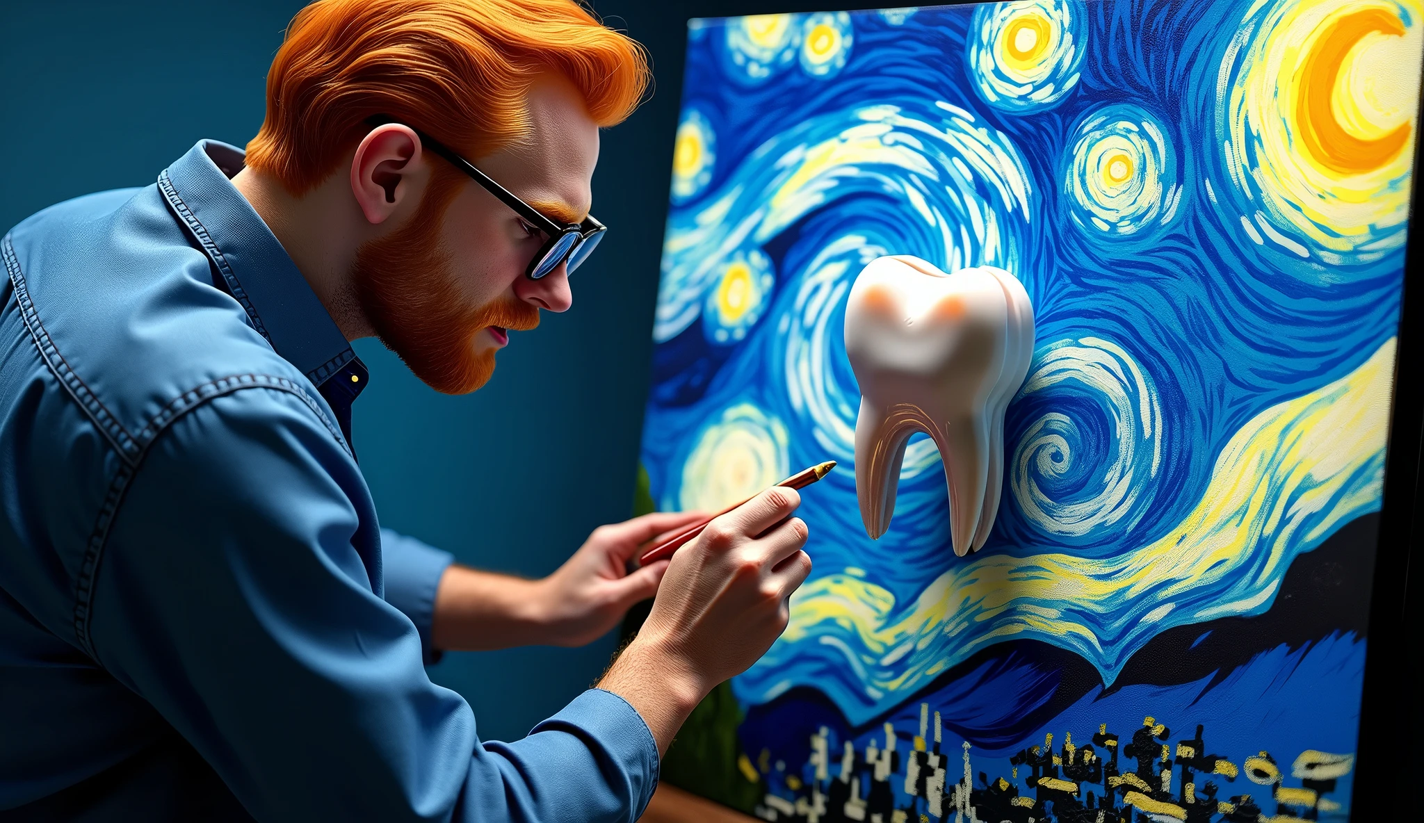 the painter van gogh with red hair, more adult personality, making a 3d tooth painting under the canvas with the starry night background