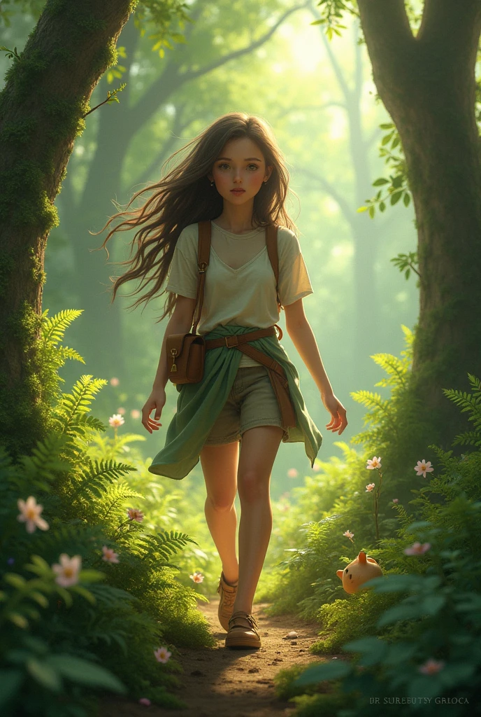 Hello, I would like to create a young lady exploring the forest with a theme that says "the transmission of legacy and commitment to nature."