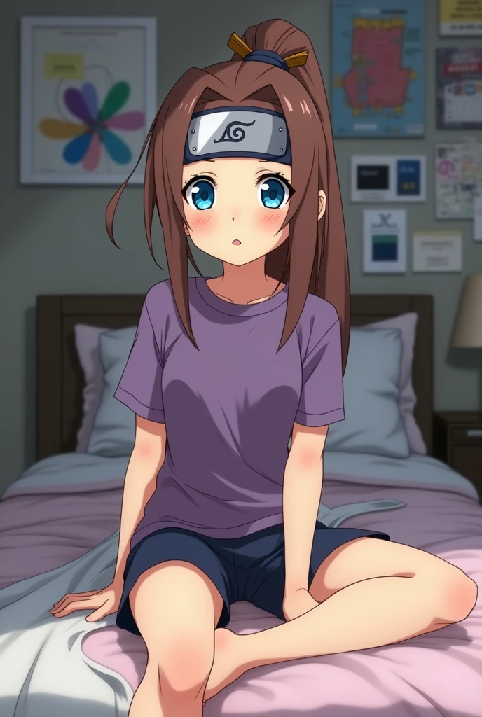 capture d&#39;écran, Style d&#39;anime Naruto, une fille femme de 12ANS , peau teint clair légèrement pâle, Taille moyenne, Poitrine moyenne yeux bleus(style anime Naruto), cheveux BRAIN, Long, QUEUE DE CHEVAL,SANS REPOUSSES,REGULIER, barrette en bois pour cheveux, vêtements de ninja SANADA, pantalon court Noir foncé et T-shirt  VIOLET , avec un bandeau de ninja, dans une chambre Info sur un lit (style fille et décor anime Naruto)
