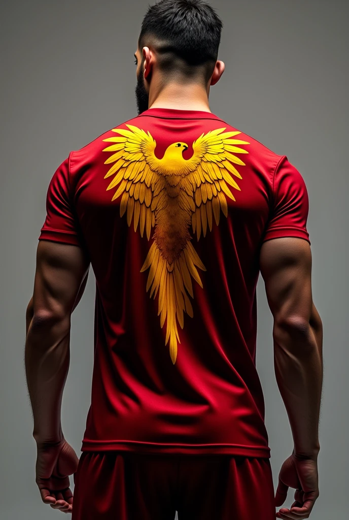 Realistic dark red team shirt with a golden macaw on the back 


