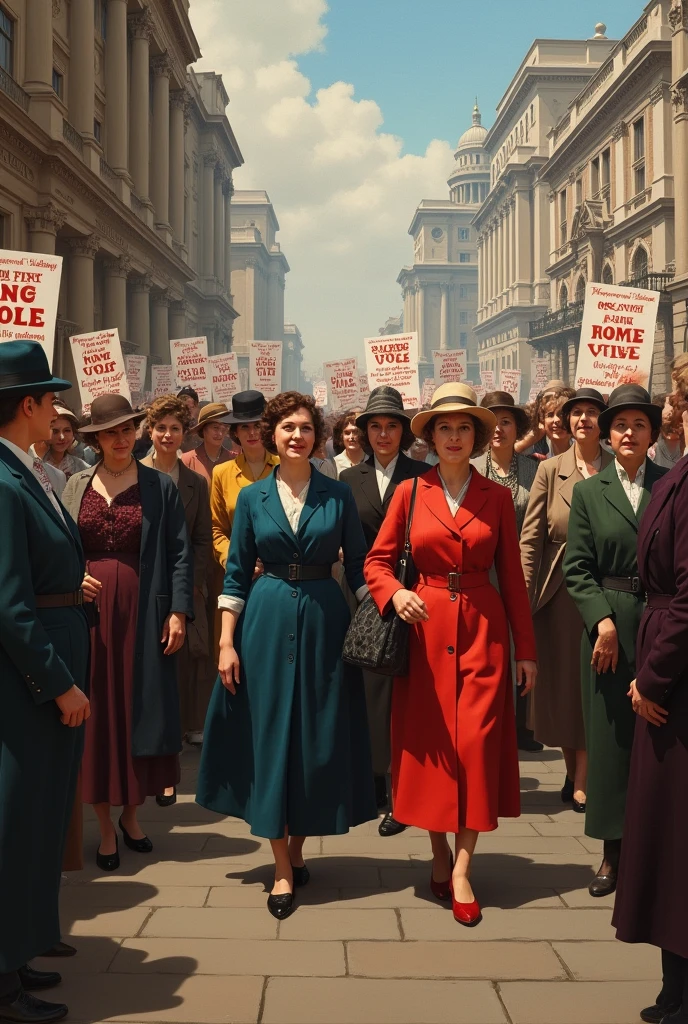 A group of suffragettes marching with banners.