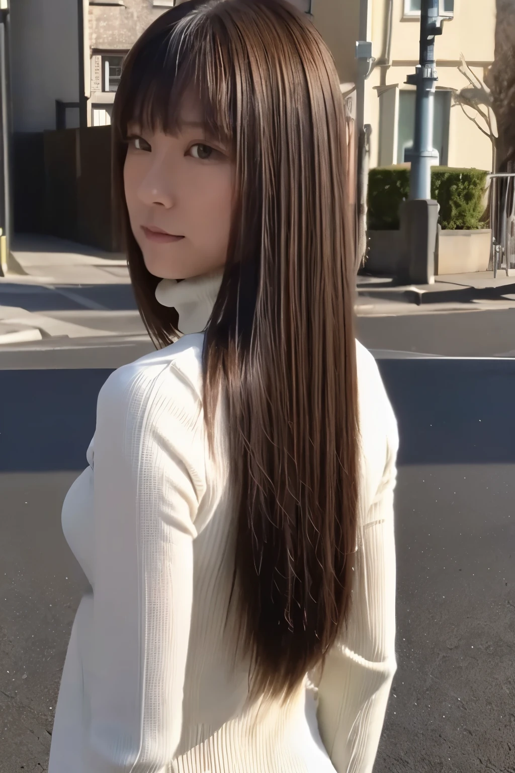 ((top-quality, in 8K, masterpiece:1.3)), Beautiful Japanese woman, perfect body:1.4, Slim abs:1.2, ((Straight hair:1.2)), (turtle neck:1.1), (a street:1.2), wetbody:1.5, Three-dimensional texture, A detailed eye, Brown hair, very thin waist, posterior view, looking back to the viewers