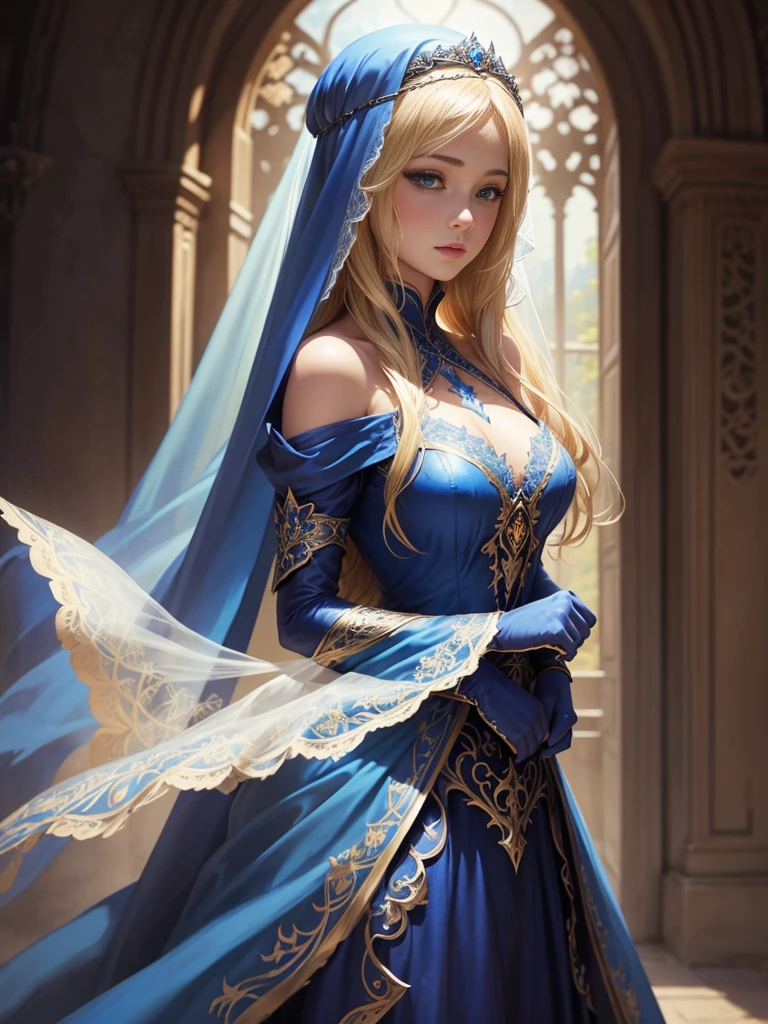 Wearing a blue dress and a veil、Blonde woman with a veil on her head, Beautiful fantasy maiden, Detailed fantasy art, Beautiful fantasy art, Blonde Princess, Art Station pixiv's artgerm, Beautiful maiden, ((Beautiful Fantasy Empress)), 2. 5d cgi anime fantasy artwork, Fantasy art style, Detailed digital anime art, Fantasy Art