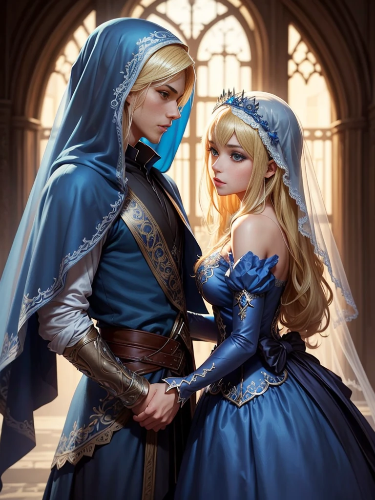 Wearing a blue dress and a veil、Blonde woman with a veil on her head, Beautiful fantasy maiden, Detailed fantasy art, Beautiful fantasy art, Blonde Princess, Art Station pixiv&#39;s artgerm, Beautiful maiden, ((Beautiful Fantasy Empress)), 2. 5d cgi anime fantasy artwork, Fantasy art style, Detailed digital anime art, Fantasy Art