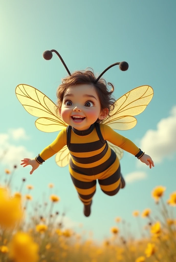 30-year-old woman with dwarfism dressed as a bee (make it fly (Give it the facial features of a person with dwarfism.)(that comes out in full body) (in plane looking to one side, but not in profile) and a pose that is flying like a real bee (flying with its wings (I don&#39;t mean that she&#39;s on a plane., I mean she&#39;s flying like a fairy but dressed as a bee.)