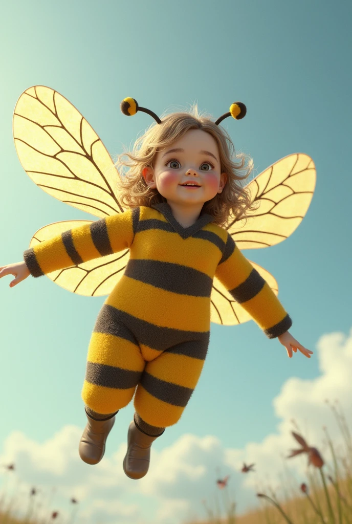 30-year-old woman with dwarfism dressed as a bee (make it fly (Give it the facial features of a person with dwarfism.)(that comes out in full body) (in plane looking to one side, but not in profile) and a pose that is flying like a real bee (flying with its wings (I don&#39;t mean that she&#39;s on a plane., I mean she&#39;s flying like a fairy but dressed as a bee.)