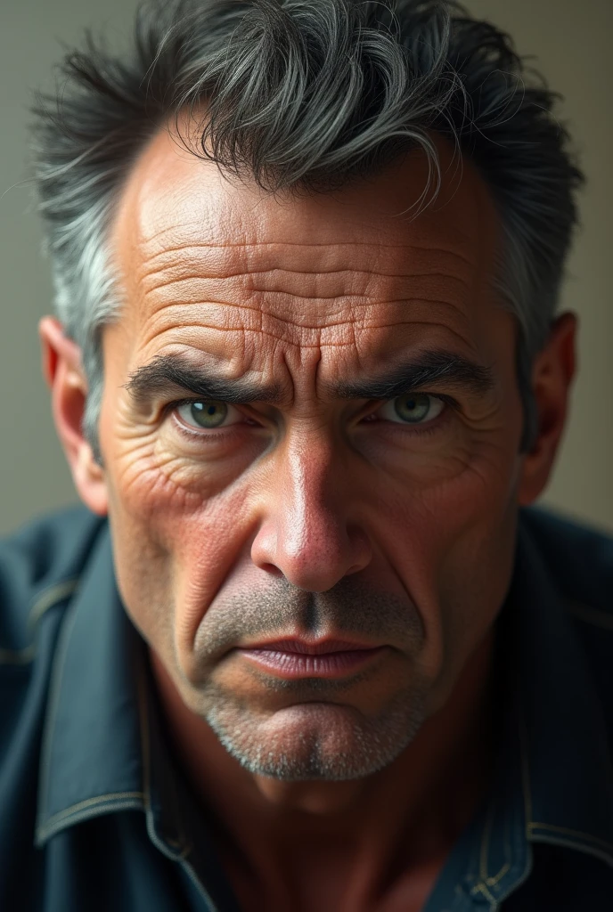 Make a portrait of a tall Colombian man, with green eyes, with gray hair, and with large hands, 40 years old
