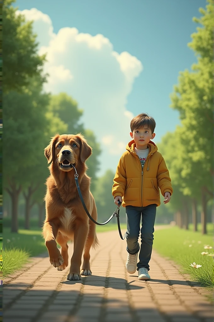 Create an image of a dog with a human on a leash