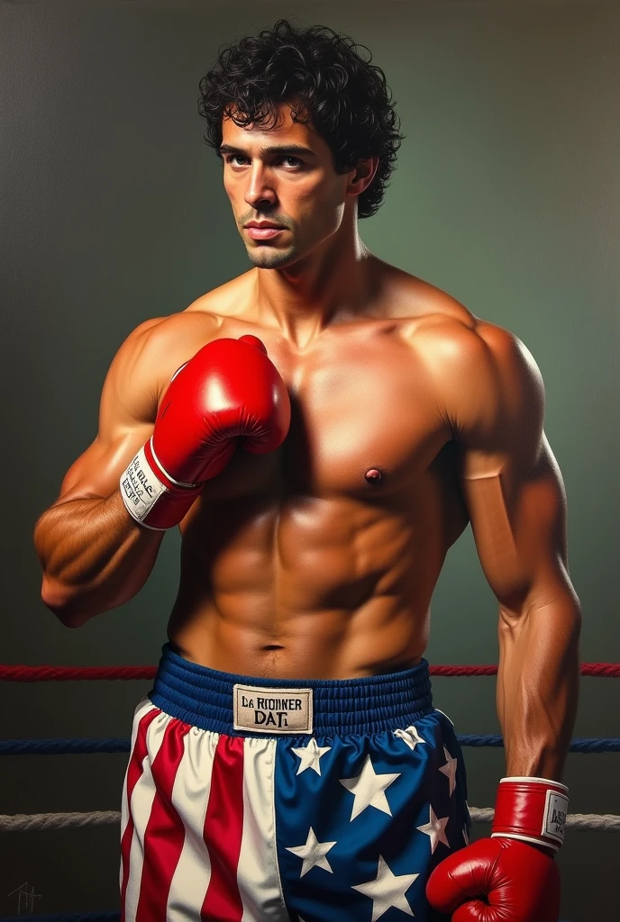 Illustration of a man wearing a boxing glove and American flag shorts, inspired by F Scott Hess, inspired by F. Scott Hess, Sylvester Stallone, Boxer, Rocky closeup, mario robinson. oil on canvas, nestor canavarro hyperrealist, Photorealism Oil Painting, hyperrealism oil painting, inspired by Antonio Donghi, tony montana, Extreme realism and detail