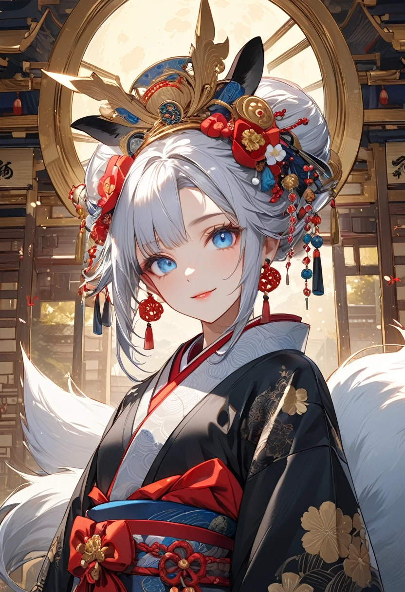 Ink painting, (((1 girl))), (((Tattoo in the middle of the forehead))),(((In the background is the Akatsuki moon))), (((Oiran))), (((Great hair accessories))), Demon possession, ((Masterpiece:1.2)), ((Highest quality)), Extremely detailed and delicate illustration style, Detailed leather texture, Detailed canvas texture, Very detailed description, (Masterpiece T), Extremely beautiful illustration, Highly detailed face, Raw image, professional, Ultra-high resolution panel, Complex details, Superior detail, Intricate decoration details, Perfect anatomy, real, (Very beautiful and cute black and white colored fox woman or girl with blue eyes wearing kimono), ((آذان الثعلب black hair, White hair, multicolor, the beautiful)), (Beautiful black and white colored fox tail), (black hair, White evil, Beautiful and shiny), (Beautiful and clear blue eyes), (Beautiful detailed eyes:1.6), (Traditional black and white detailed costume), Front view, White flower kimono, Black white colorful hakama long skirt, A maxi skirt, Modestly dressed, He smiles, ((Standing and looking at me)), ((The day)), (Extremely detailed and beautiful Japanese temple construction), (8K Highest quality wallpaper), (Extremely detailed and delicate background)