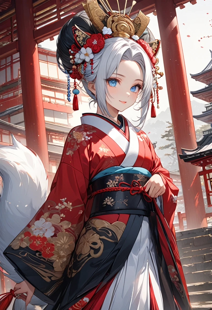 Ink painting, (((1 girl))), (((Tattoo in the middle of the forehead))),(((In the background is the Akatsuki moon))), (((Oiran))), (((Great hair accessories))), Demon possession, ((Masterpiece:1.2)), ((Highest quality)), Extremely detailed and delicate illustration style, Detailed leather texture, Detailed canvas texture, Very detailed description, (Masterpiece T), Extremely beautiful illustration, Highly detailed face, Raw image, professional, Ultra-high resolution panel, Complex details, Superior detail, Intricate decoration details, Perfect anatomy, real, (Very beautiful and cute black and white colored fox woman or girl with blue eyes wearing kimono), ((آذان الثعلب black hair, White hair, multicolor, the beautiful)), (Beautiful black and white colored fox tail), (black hair, White evil, Beautiful and shiny), (Beautiful and clear blue eyes), (Beautiful detailed eyes:1.6), (Traditional black and white detailed costume), Front view, White flower kimono, Black white colorful hakama long skirt, A maxi skirt, Modestly dressed, He smiles, ((Standing and looking at me)), ((The day)), (Extremely detailed and beautiful Japanese temple construction), (8K Highest quality wallpaper), (Extremely detailed and delicate background)